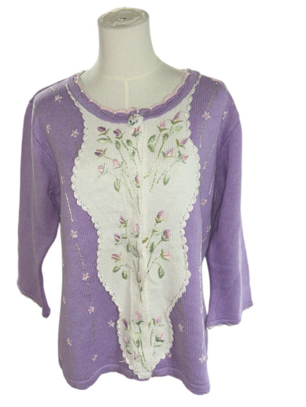 storybook knits sweater Womens Small Cardigan Purple White Flowers Floral